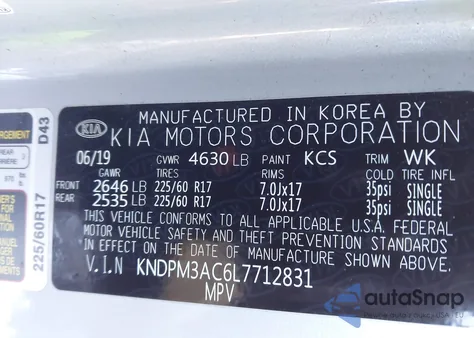 2020 Kia Sportage Lx z USA, uszkodzony, nr VIN KNDPM3AC6L7712831